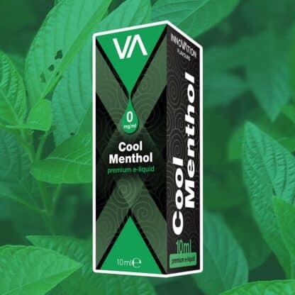 Innovation flavours cool menthol e-juice black and green package green menthol leaves background