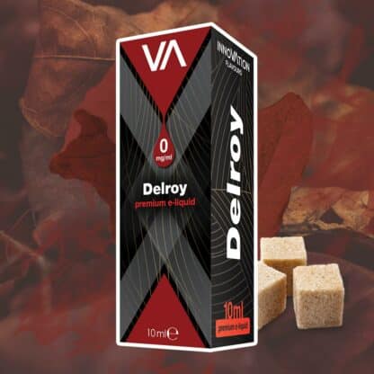 Innovation Flavours Delroy e-juice black and red package tobacco leaves and sugar background
