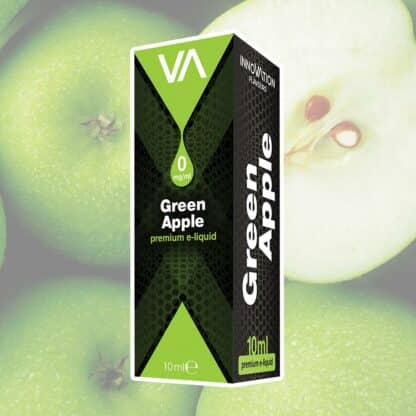 Innovation Flavours Green Apple e-juice black and green package and green apples background