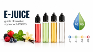 E-juice guide med flaskor, smakexempel, PG/VG-symbol och nikotinstyrkor från 0 mg till 20 mg.
